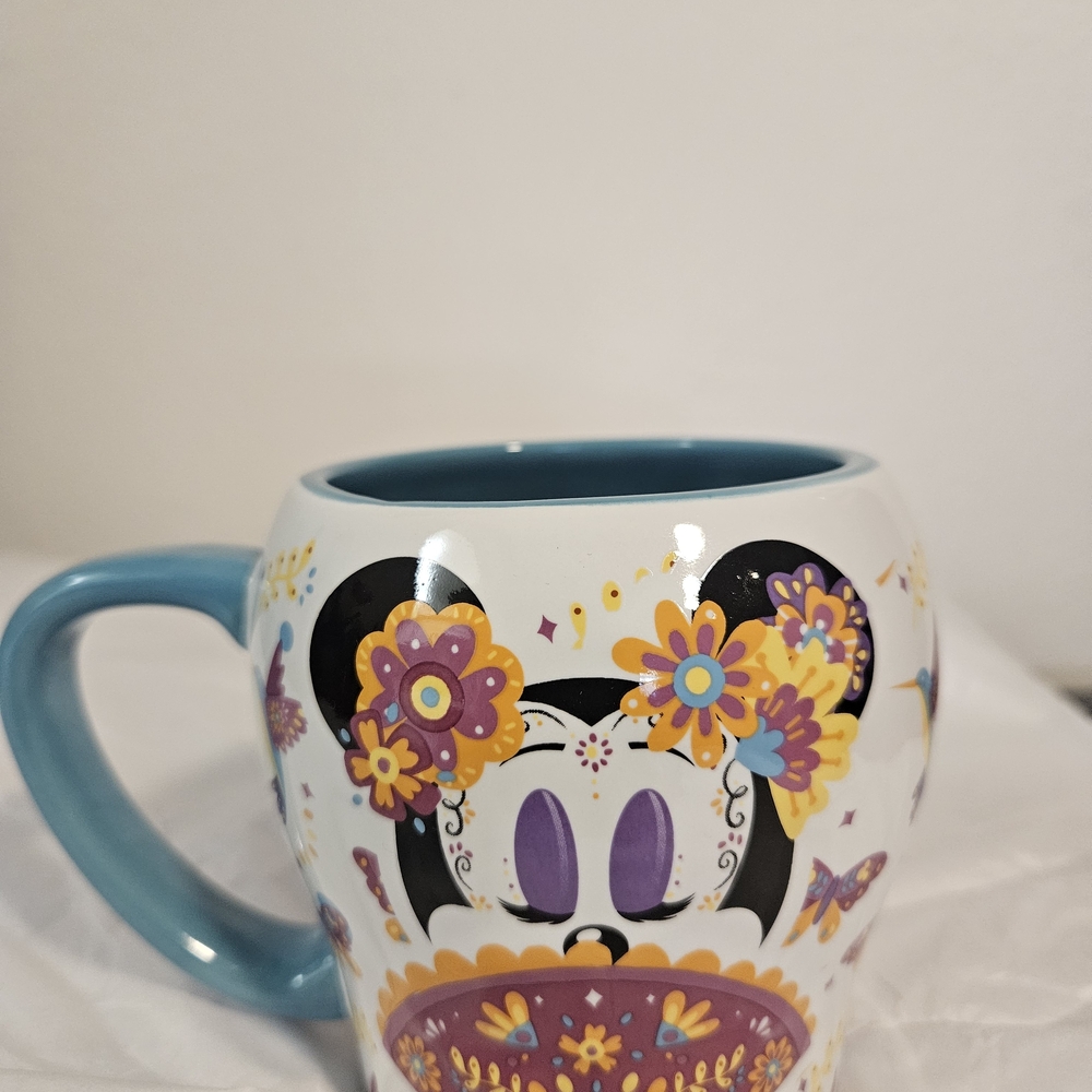 Disney Minnie Mouse sugar skull mug, inspired by the colorful Día de Muertos